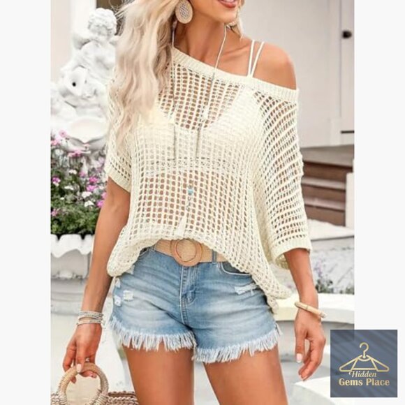 Short Sleeve Crochet Sweater Beach Cover Up Off Shoulder Loose Knit Top - Picture 5 of 7
